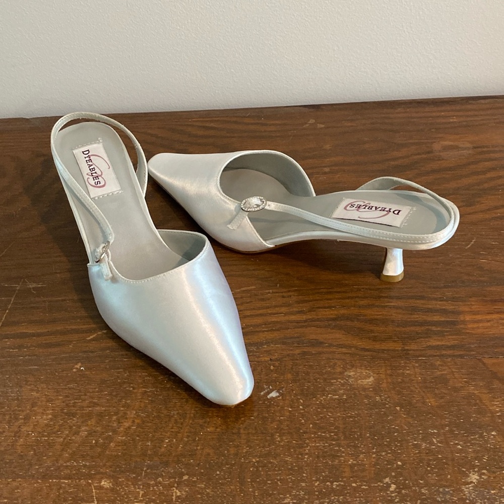 White satin closed toe sling back Size 8 1/2. New two inch heel